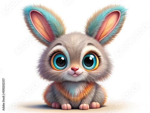 Adorable cartoon rabbit character with fluffy ears, twitching whiskers, and big round eyes, illustrated in colorful bold lines and playful texturized fur.