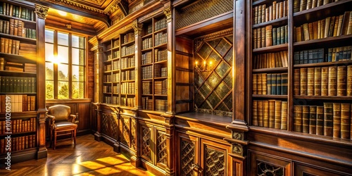 An ornate wooden bookcase lined with ancient Hebrew manuscripts and leather-bound tomes fills a quiet, dimly lit library with warm, golden morning light.