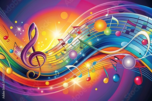 Colorful vector illustration of swirling musical notes and symbols on a vibrant background, conveying the rhythm and harmony of music in a stylized graphic design.