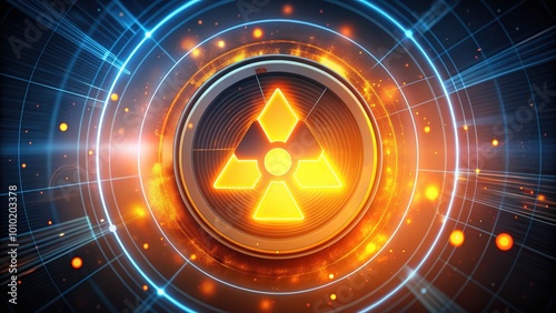 Colorful warning icons surrounding a glowing orange radiation symbol, set against a dark background, convey a sense of danger and caution in a futuristic style. photo