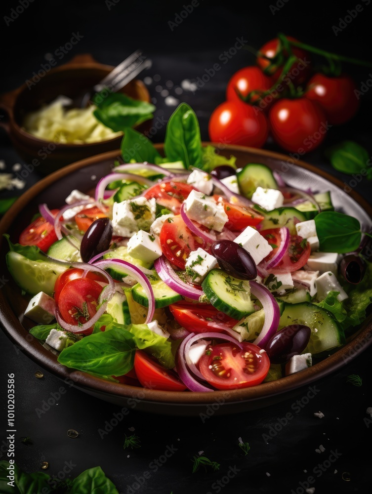 Fresh Greek Salad with Feta Cheese, Tomatoes, Cucumbers, and Olives