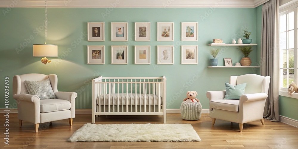 Cozy nursery interior with soft pastel walls, white furniture, and a vintage-inspired picture frame displaying a tender baby's first year milestone memories.