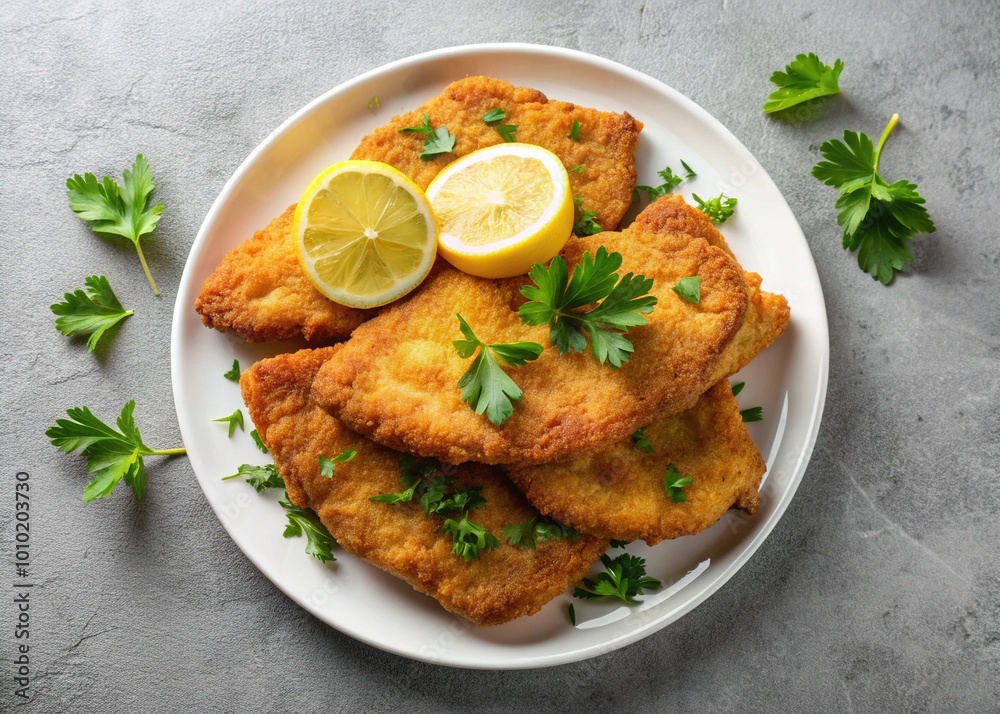 Crispy breaded and fried schnitzel cutlets arranged on a white plate, garnished with lemon wedges and parsley, against a clean minimalist background. Crispy breaded and fried schnitzel cutlets arranged on a white plate, garnished with lemon wedges and parsley, against a clean minimalist background.