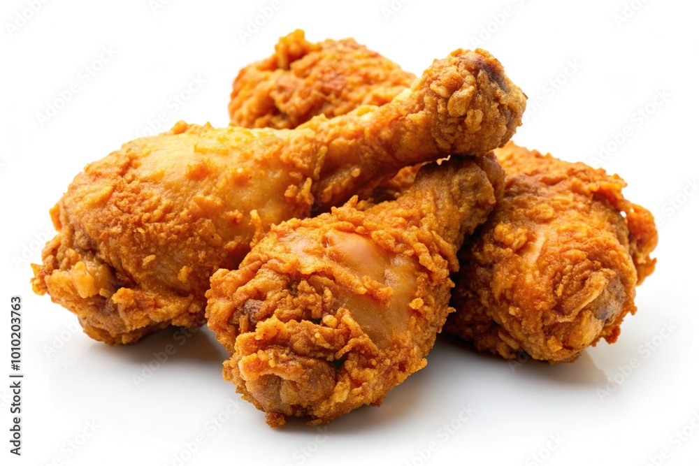 Crispy fried chicken drumsticks and thighs, golden brown and juicy, isolated on a white background, with a subtle shadow, mouthwatering and fresh. Crispy fried chicken drumsticks and thighs, golden brown and juicy, isolated on a white background, with a subtle shadow, mouthwatering and fresh.