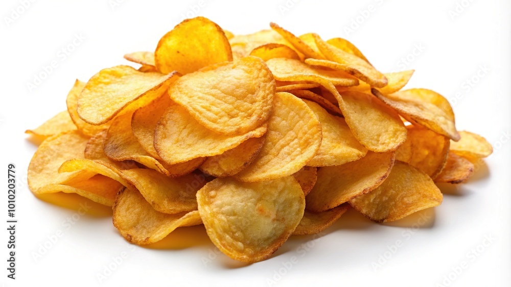 Crunchy golden potato chips in a random scattered arrangement, freshly cooked and isolated on a white background, with a shallow depth of field effect. Crunchy golden potato chips in a random scattered arrangement, freshly cooked and isolated on a white background, with a shallow depth of field effect.
