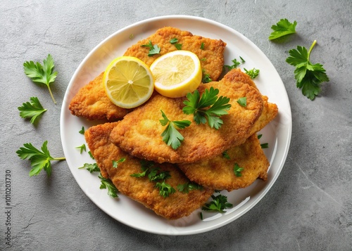 Crispy breaded and fried schnitzel cutlets arranged on a white plate, garnished with lemon wedges and parsley, against a clean minimalist background.