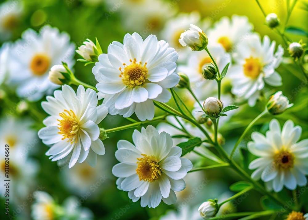 Obraz premium Delicate white flowers with yellow centers and lush green leaves unfold against a soft, blurred background, exuding serenity and natural beauty in perfect harmony.