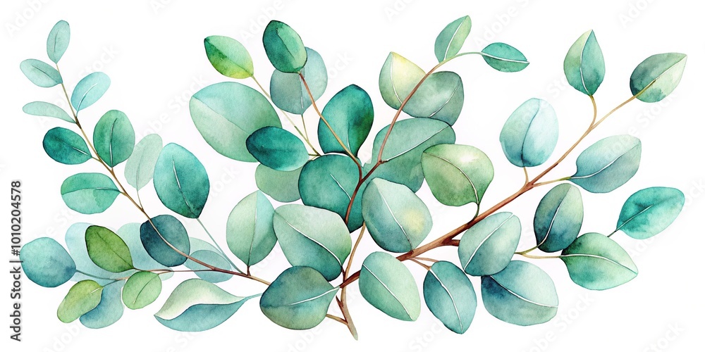 Obraz premium Delicate watercolor illustration of eucalyptus leaves and branches, showcasing soft, rounded foliage and gentle stems in calming shades of green and blue.
