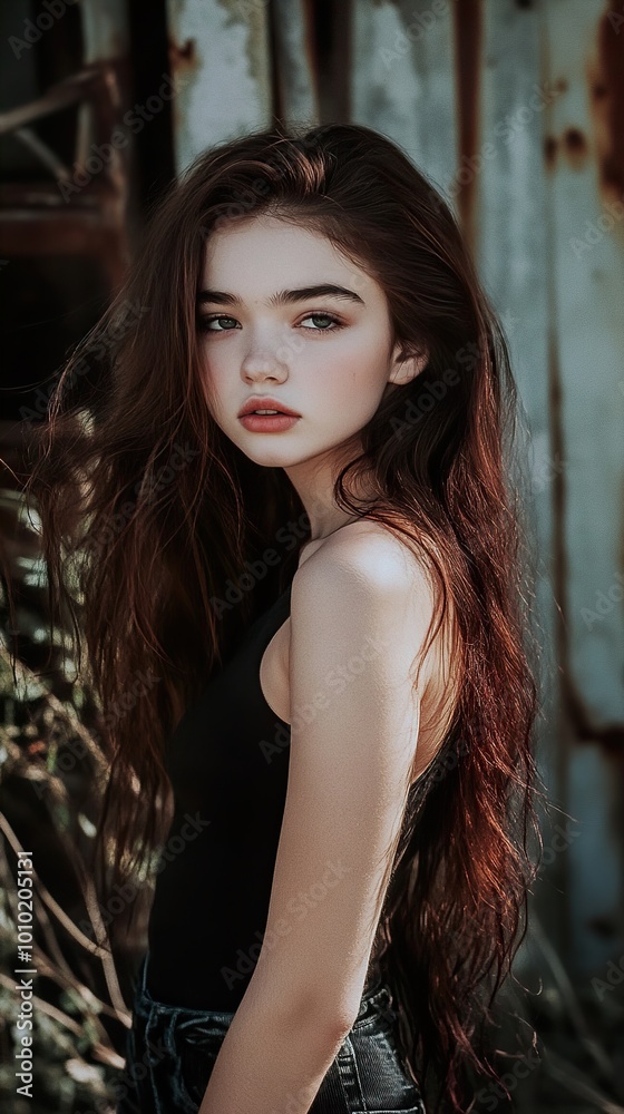 Fototapeta premium Portrait of a Young Woman with Long Brown Hair