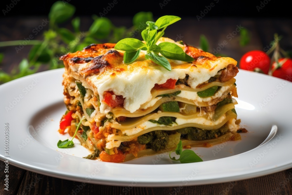Vegetable lasagna. With melted Mozzarella. On a white plate. Vegetable lasagna. With melted Mozzarella. On a white plate.