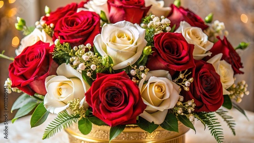 Elegant, velvety red rose petals unfold amidst lavish, golden accents and soft, creamy whites, evoking opulence and sophistication in a luxurious flower arrangement. photo