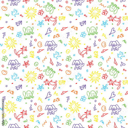 Colorful, hand-drawn pattern with various childlike doodles and symbols