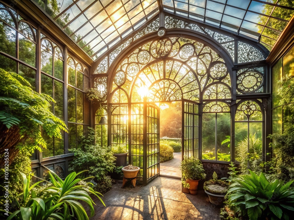 Elegant glass conservatory surrounded by lush greenery, with ornate ironwork and sunlight streaming through, evoking a sense of serenity and refinement. Elegant glass conservatory surrounded by lush greenery, with ornate ironwork and sunlight streaming through, evoking a sense of serenity and refinement.