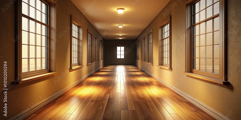 Empty, dimly lit corridor with a large window at the end, casting a warm glow on the wooden floor and cream-colored walls. Empty, dimly lit corridor with a large window at the end, casting a warm glow on the wooden floor and cream-colored walls.