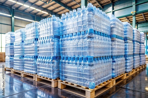 Fresh drinking water bottles stacked on a pallet, wrapped in plastic, await transportation in a warehouse, highlighting the logistics of beverage delivery services. photo