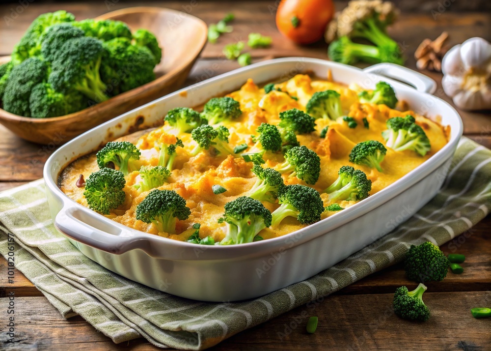 Freshly baked golden-brown broccoli and cheddar casserole, garnished with crispy crust and lush green broccoli florets, serves as a comforting and savory dinner option. Freshly baked golden-brown broccoli and cheddar casserole, garnished with crispy crust and lush green broccoli florets, serves as a comforting and savory dinner option.