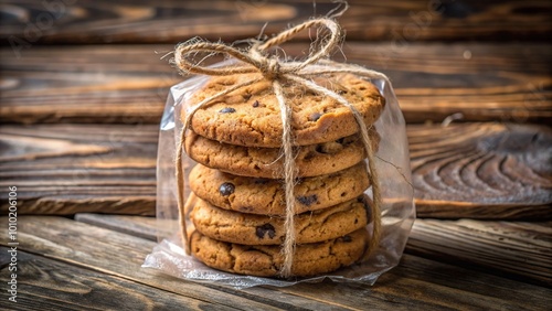 Freshly baked chocolate chip cookies nestled in a transparent plastic package with a crinkled brown paper insert and twine-tied top on a rustic wooden table. photo