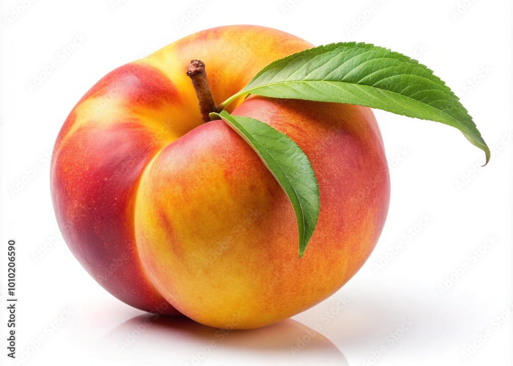 Freshly picked ripe peach fruit with a long green stem attached, isolated on a white background, showcasing its vibrant yellow-orange skin and blushed cheeks. Freshly picked ripe peach fruit with a long green stem attached, isolated on a white background, showcasing its vibrant yellow-orange skin and blushed cheeks.