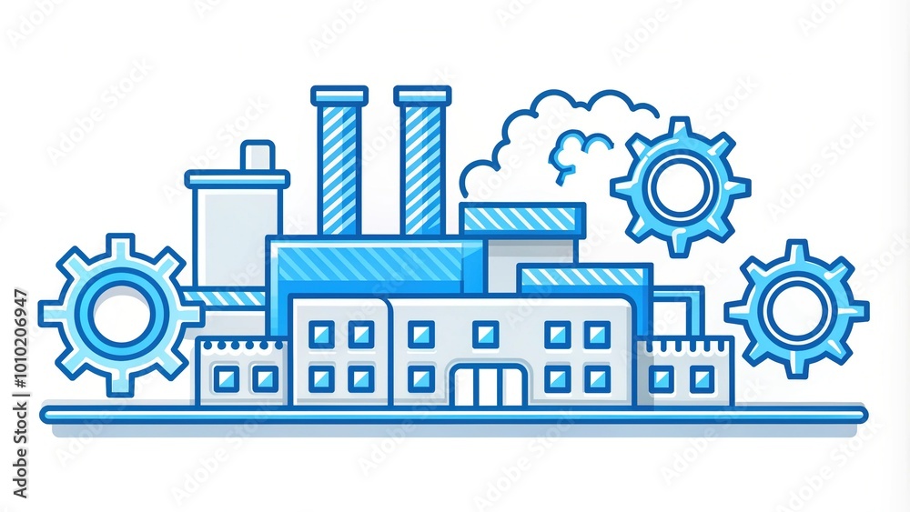 Obraz premium Glossy blue factory line icon with gears, conveyor belts, and production equipment, symbolizing industrial manufacturing and automation on a white background.