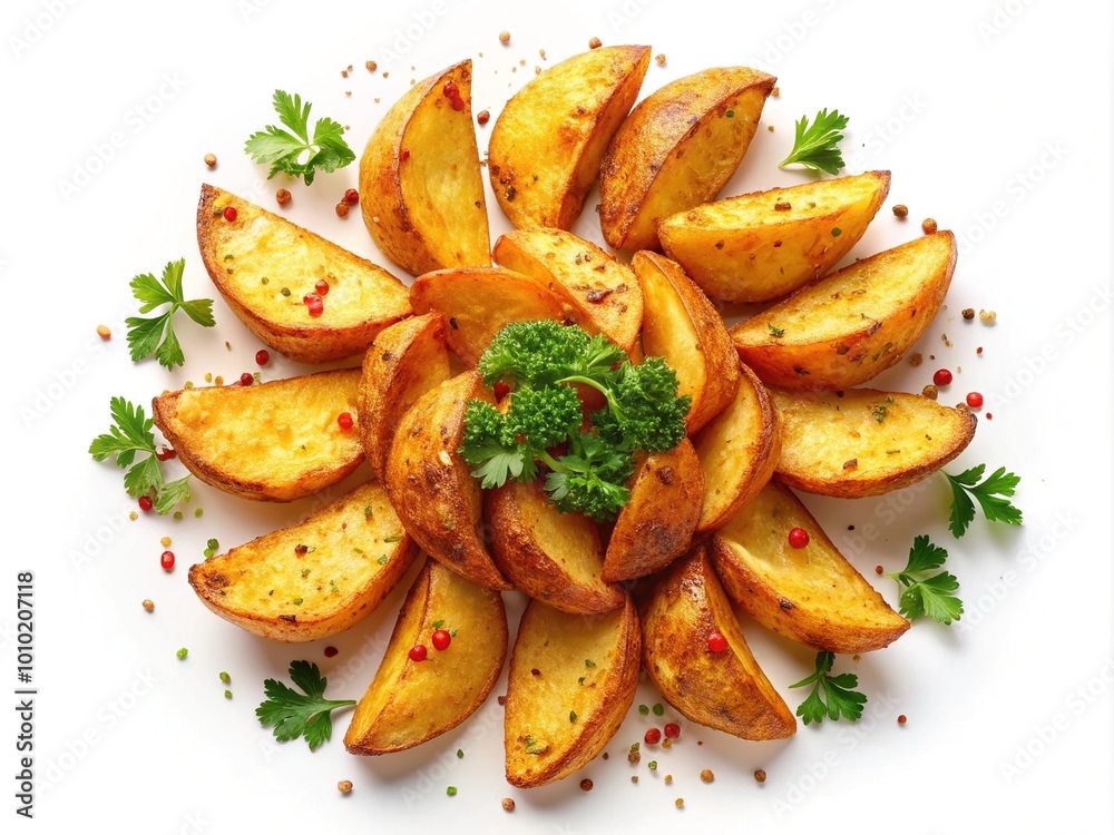 Golden crispy fried potato wedges sprinkled with parsley and paprika, arranged in a circular pattern on a white background, viewed from directly above. Golden crispy fried potato wedges sprinkled with parsley and paprika, arranged in a circular pattern on a white background, viewed from directly above.