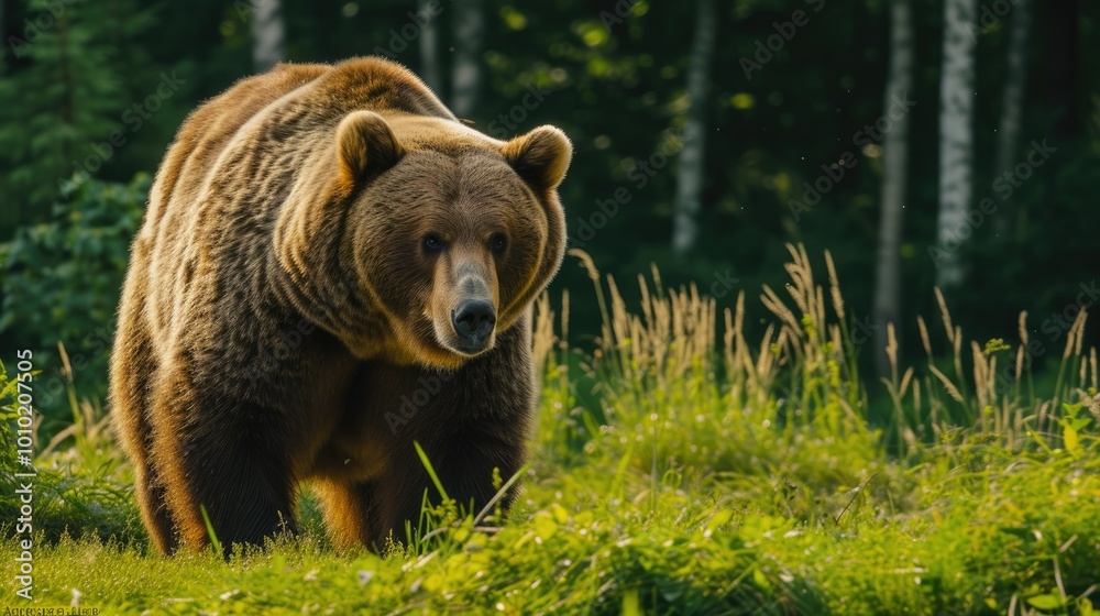 Fototapeta premium close-up of a bear in its natural habitat in autumn colors. backgrounds of amazing animals in their natural habitat