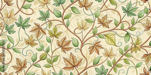 Intricate, intertwined vine pattern with delicate tendrils and leaves in a mix of earthy tones and pastel shades, perfect for botanical and nature-inspired designs.