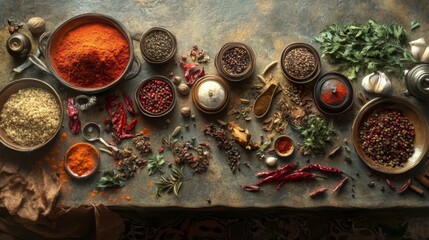Tableau sur toile  A variety of spices and herbs on a rustic table, including chili flakes, paprika, black peppercorns, cumin, coriander, garlic, and parsley.  © musa