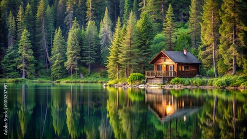 A solitary wooden cabin nestled amongst towering evergreen trees, its reflection shimmering on the surface of a tranquil, still lake.