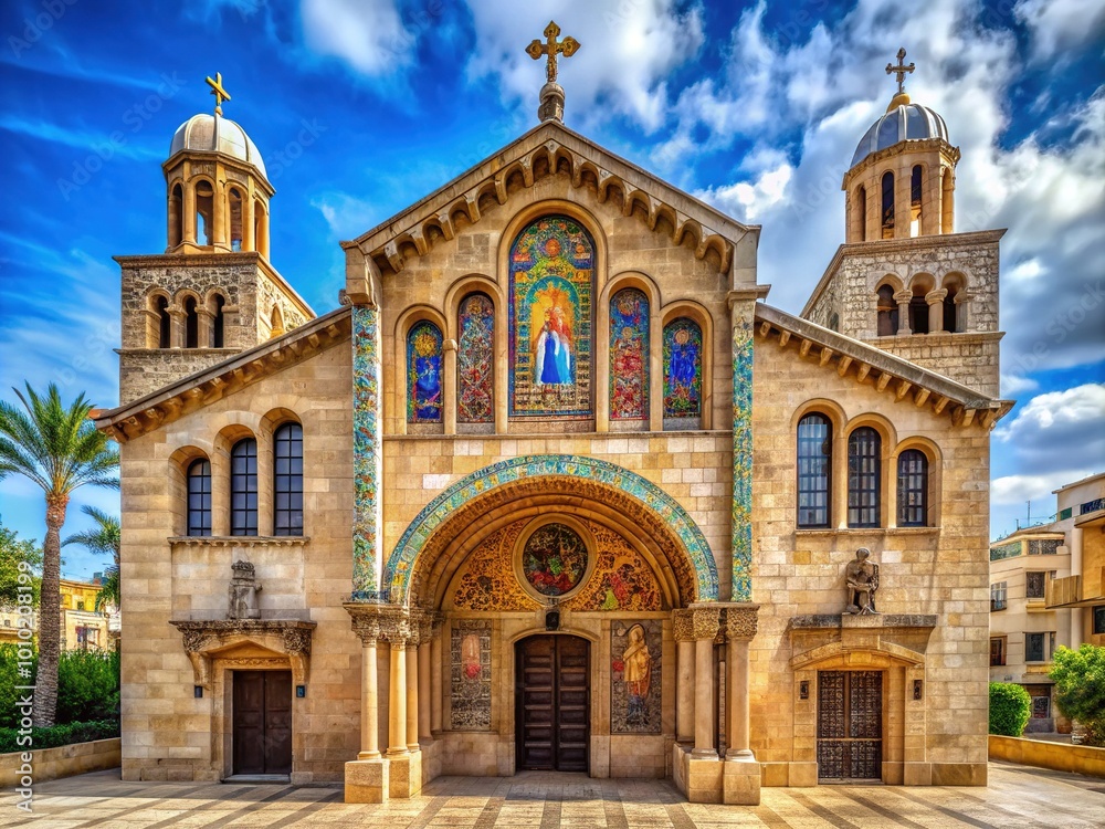 Majestic ornate facade of ancient basilica adorned with intricate stone carvings, towering columns, and vibrant stained glass windows in Nazareth, Israel. Majestic ornate facade of ancient basilica adorned with intricate stone carvings, towering columns, and vibrant stained glass windows in Nazareth, Israel.