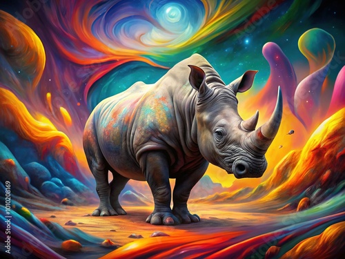 Majestic rhino stands amidst swirling vortex of abstract shapes and colors, blending African wildlife with vibrant, futuristic elements in a surreal, dreamlike atmosphere. photo