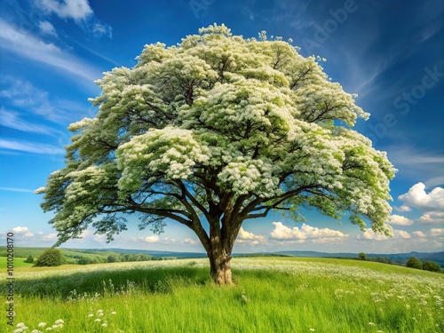 Majestic hawthorn tree stands tall in a lush green meadow, its blooming white flowers and thorny branches stretching towards a serene blue sky.