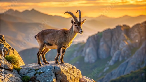 Majestic Iberian ibex with curved horns and a shaggy coat stands atop a rocky outcropping in a sun-drenched Spanish mountain landscape at dawn.