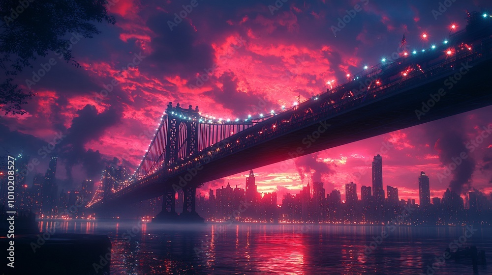 Fototapeta premium A dramatic cityscape at sunset, with a suspension bridge and towering skyscrapers silhouetted against a vibrant pink sky.