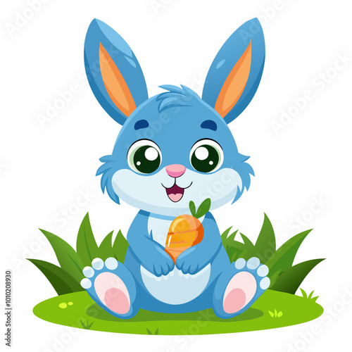 An adorable baby rabbit, sitting happily while munching on a fresh orange carrot. The rabbit has fluffy light blue fur, big ears with orange and white accents, and bright blue eyes. The scene is playf