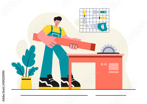  Woodworking Vector Illustration featuring Modern Craftsmen and Workers Producing Furniture Using Tools in a Flat Cartoon Style Background
