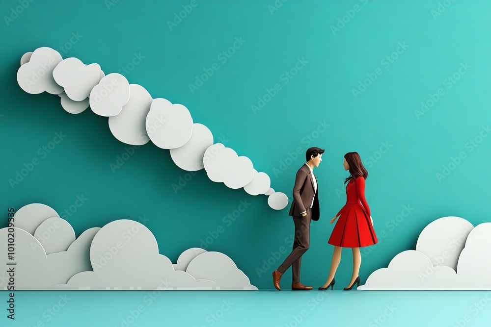 Abstract minimalist design of two figures parting ways, with geometric ...