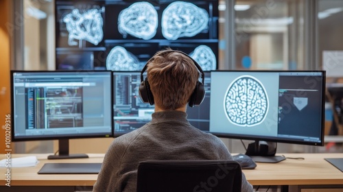 Scientist Analyzing Brain Scans on Multiple Monitors