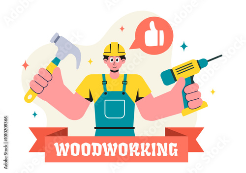  Woodworking Vector Illustration featuring Modern Craftsmen and Workers Producing Furniture Using Tools in a Flat Cartoon Style Background