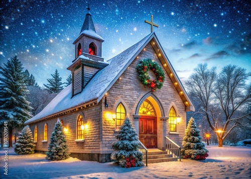 Snowflakes gently fall on a quaint village church adorned with festive holly, wreaths, and twinkling lights, evoking a serene and magical Christmas atmosphere. photo