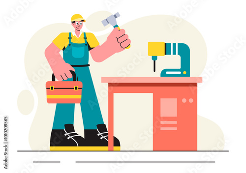  Woodworking Vector Illustration featuring Modern Craftsmen and Workers Producing Furniture Using Tools in a Flat Cartoon Style Background