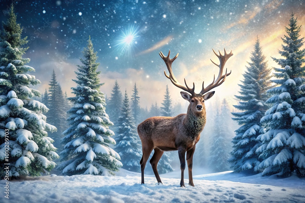 Snowflakes gently fall on a serene winter landscape as a majestic reindeer stands amidst frosty evergreen trees, its antlers and fur dusted with powder. Snowflakes gently fall on a serene winter landscape as a majestic reindeer stands amidst frosty evergreen trees, its antlers and fur dusted with powder.