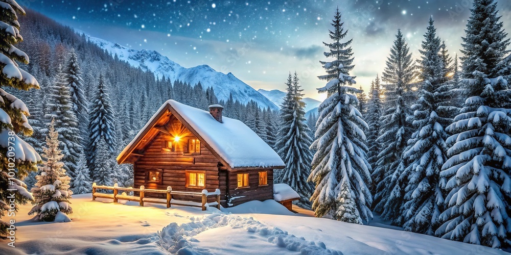 Snowflakes gently fall on a serene winter wonderland scene featuring a rustic wooden cabin nestled among towering evergreen trees on a mountain slope. Snowflakes gently fall on a serene winter wonderland scene featuring a rustic wooden cabin nestled among towering evergreen trees on a mountain slope.