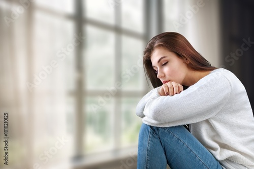 Free Download Portrait Of Depressed Young Woman Sitting At Home, - GFXLoad