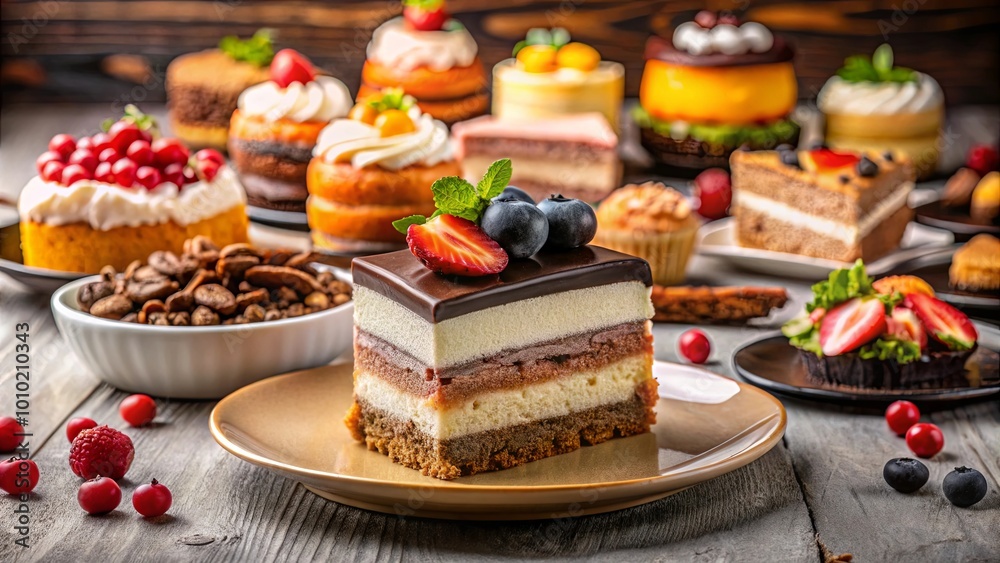 A Delectable Dessert Spread with a Slice of Chocolate Ganache and Layered Cake, Accompanied by Fresh Berries, a Bowl of Coffee Beans, and a Rustic Wooden Background A Delectable Dessert Spread with a Slice of Chocolate Ganache and Layered Cake, Accompanied by Fresh Berries, a Bowl of Coffee Beans, and a Rustic Wooden Background