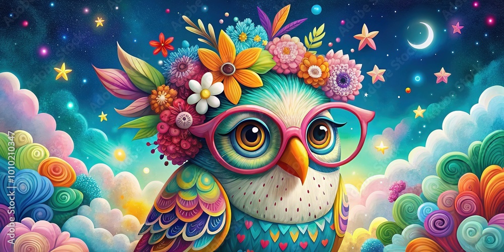 Vibrant, whimsical illustration of a colorful, eccentric bird with oversized glasses, flowers in hair, and polka-dot feathers, surrounded by swirling clouds and stars. Vibrant, whimsical illustration of a colorful, eccentric bird with oversized glasses, flowers in hair, and polka-dot feathers, surrounded by swirling clouds and stars.