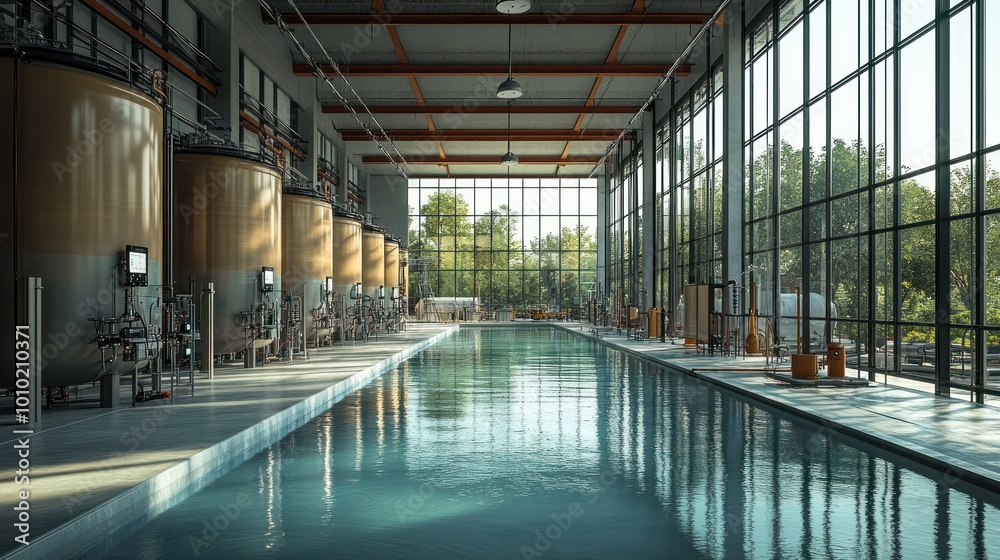 Modern industrial facility with large tanks and a reflective pool. Modern industrial facility with large tanks and a reflective pool.