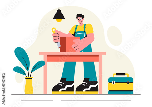  Woodworking Vector Illustration featuring Modern Craftsmen and Workers Producing Furniture Using Tools in a Flat Cartoon Style Background