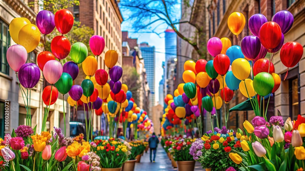 Fototapeta premium Vibrant-colored flowers and balloons decorate a festive city street on International Women's Day, celebrating gender equality and women's empowerment on March 8th.