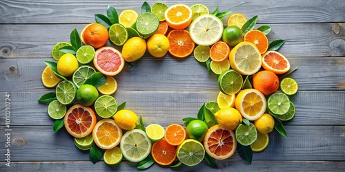 Vibrant citrus fruits, including oranges, lemons, and limes, are beautifully arranged in a lush green wreath, perfect for spring and summer decorations. photo