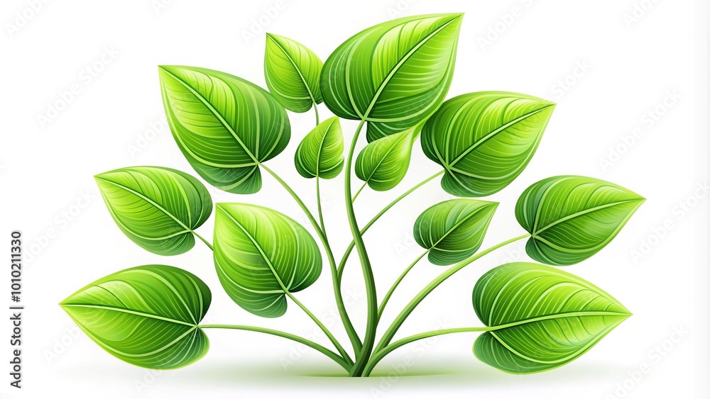 Obraz premium Vibrant green leaves with curved stems and delicate veins, digitally rendered in a modern flat design style, ideal for illustrations, logos, and graphic designs.